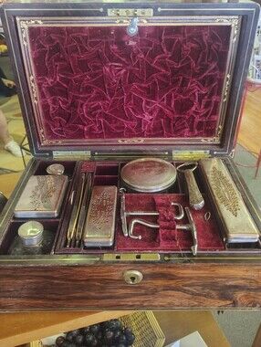 Antique Brown Wood Vanity Shaving Box with Burgundy Velvet Interior and Silver